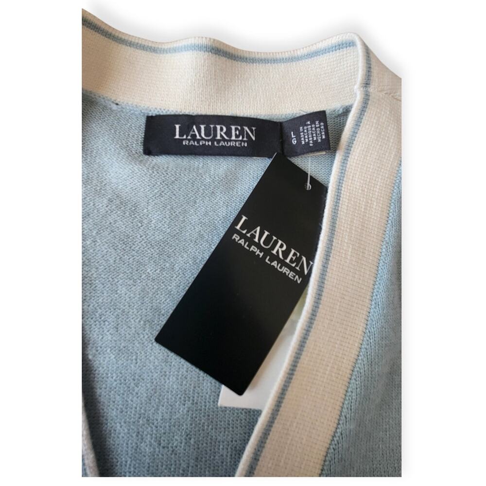 Black Label Ralph Lauren Blue Cream Cropped V Neck Cardigan Sweater Women Large - Picture 6 of 10